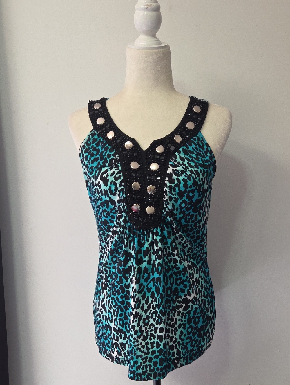 new directions Teal and Black Leopard Print Tank with Studded Trim